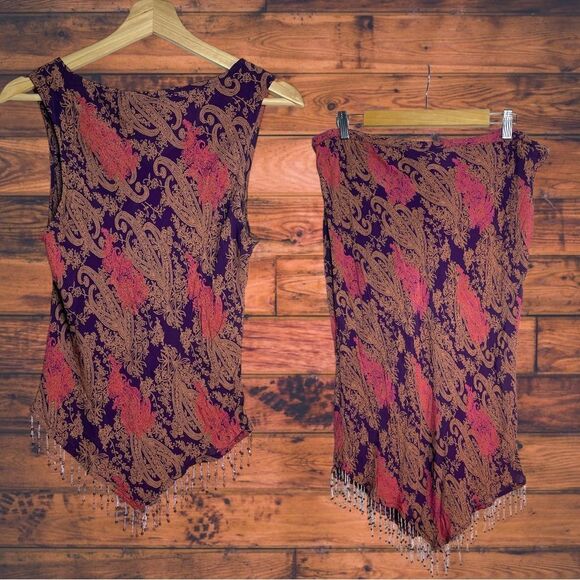 Vintage 90's PHOOL Pink/ Purple Paisley Beaded Hem Blouse & Skirt Set Large - Picture 2 of 7